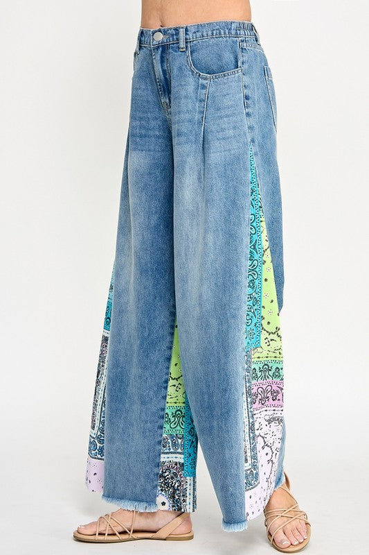 SAGE + FIG Raw Hem Paisley Print Side Wide Leg Jeans - us.meeeshop