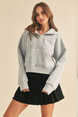 Aemi + Co Half Zip Raglan Sleeve Hoodie with Kangaroo Pocket in Light Gray