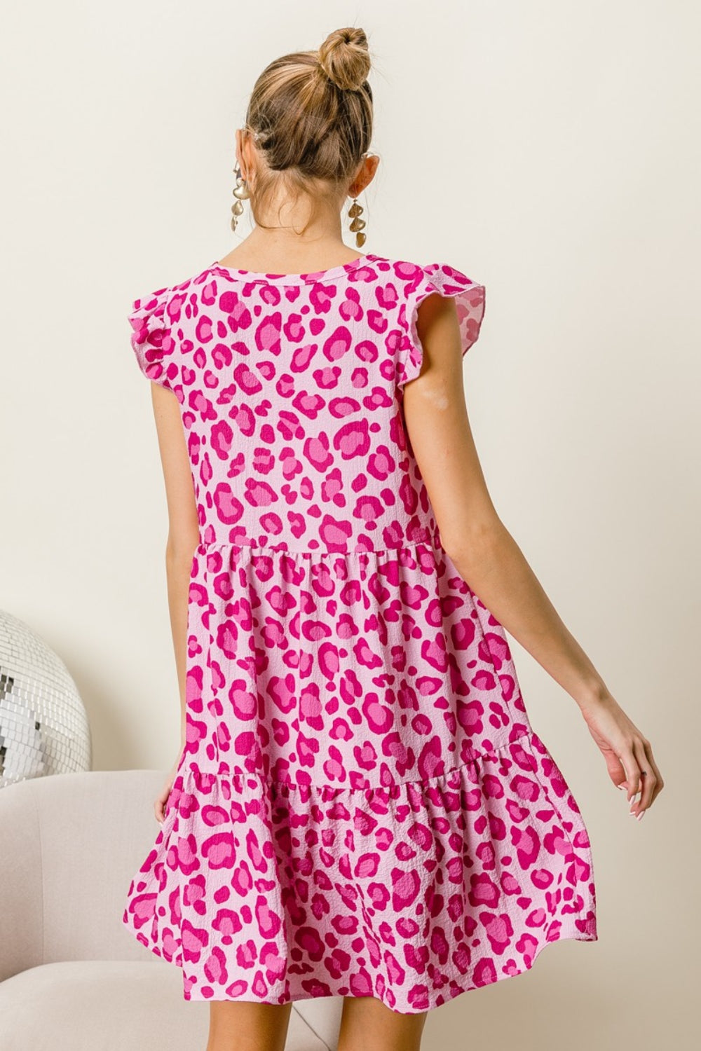 BiBi Leopard Cap Sleeve Tiered Mini Dress | us.meeeshop