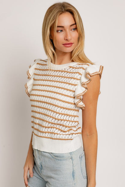 LE LIS Round Neck Ruffle Sleeve Stripe Knit Top | us.meeeshop