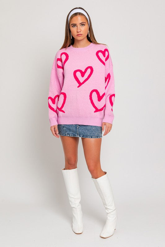 LE LIS Long Sleeve Round Neck Heart Printed Sweater | us.meeeshop