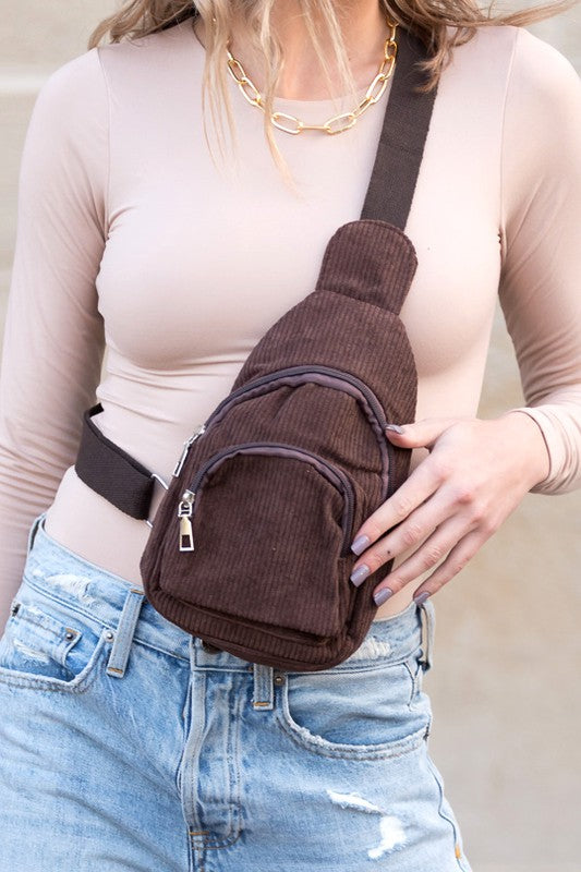 ingrid double zip Ingrid Double Zip Corduroy Sling Almond (bag) - shop at us.meeeshop