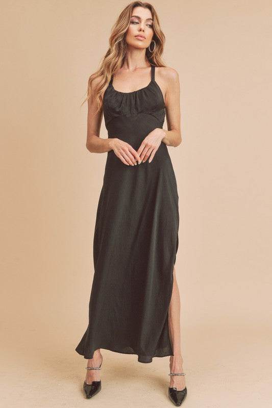 Aemi + Co Ruched Side Slit Cutout Back Maxi Cami Dress - us.meeeshop