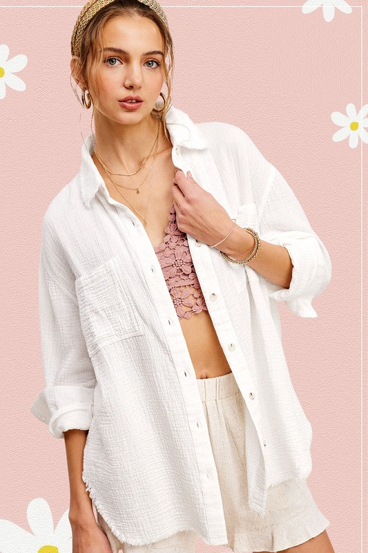 La Miel Soft Washed Crinkled Gauze Button Down Shirt | us.meeeshop