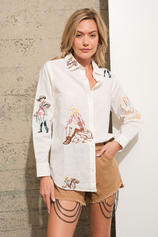 Blue B Embroidered Western Cowgirl Linen Shirt Blouse | us.meeeshop