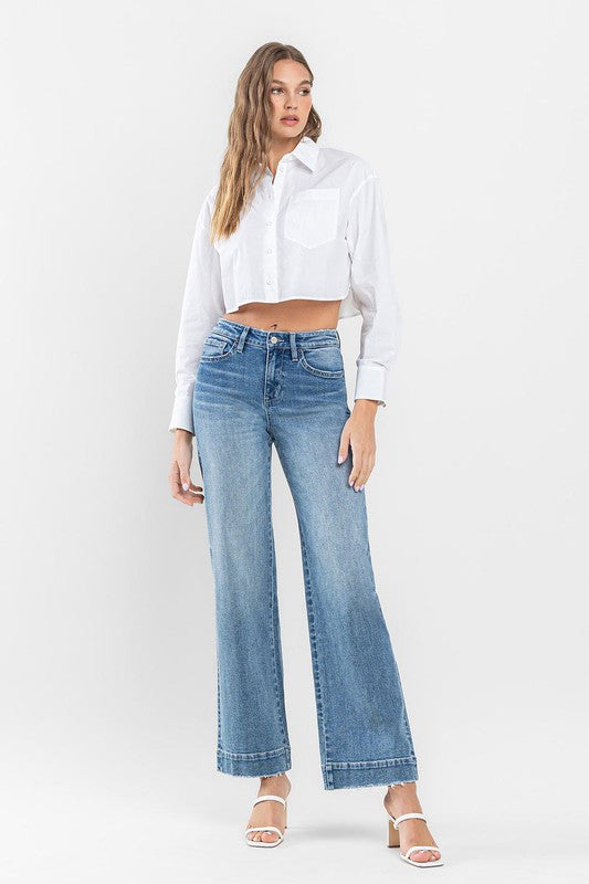 Flying Monkey High Rise Wide Leg Jeans with Trouser Hem Detail | us.meeeshop
