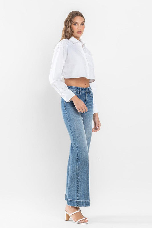 Flying Monkey High Rise Wide Leg Jeans with Trouser Hem Detail | us.meeeshop