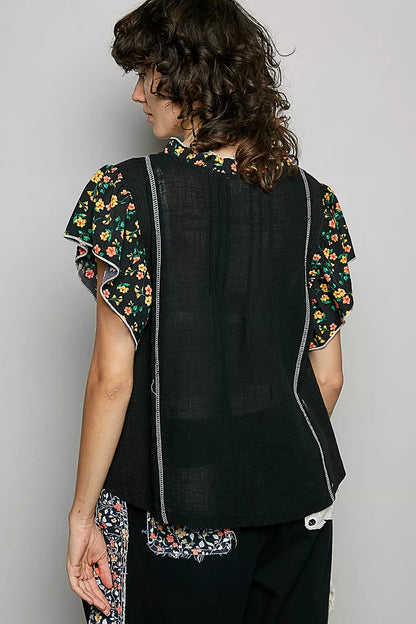 pol neck floral Pol V-neck Floral Ruffle Sleeve Blouse view 4 (top) - shop at us.meeeshop