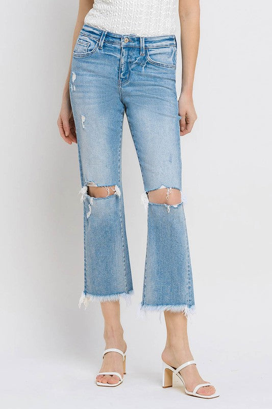 VERVET High Rise Frayed Hem Crop Straight Jeans | us.meeeshop