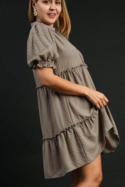 Umgee Plaid Frill Button Detail Ruffled Short Sleeve Dress Plus Size - us.meeeshop