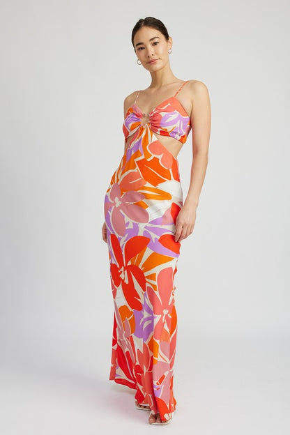 Floral Cut Out Maxi Dress With O Ring Detail | us.meeeshop
