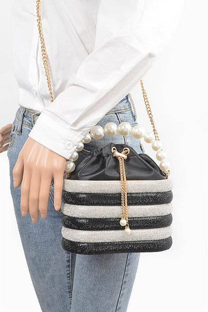 Pearl Handle Rhinestone Statement Bucket Clutch