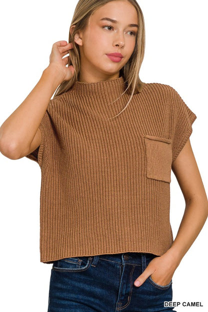 ZENANA Mock Neck Short Sleeve Cropped Sweater | us.meeeshop