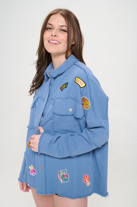 patchwork frayed hem Patchwork Frayed Hem Button Down Collared Top view 2 (top) - shop at us.meeeshop