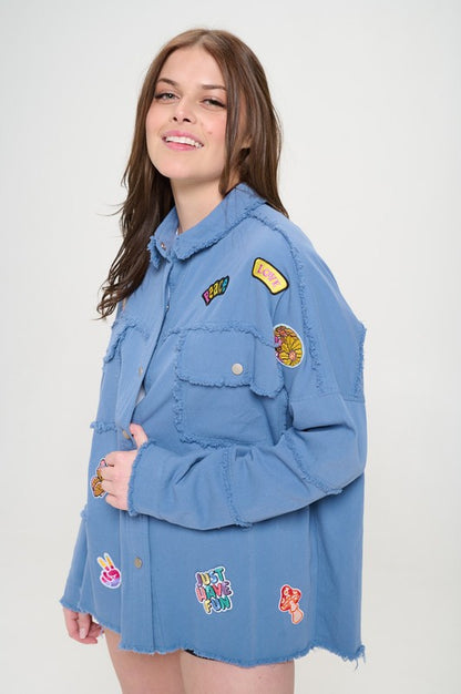 Patchwork Frayed Hem Button Down Collared Top | view 2 | Jade By Jane | us.meeeshop