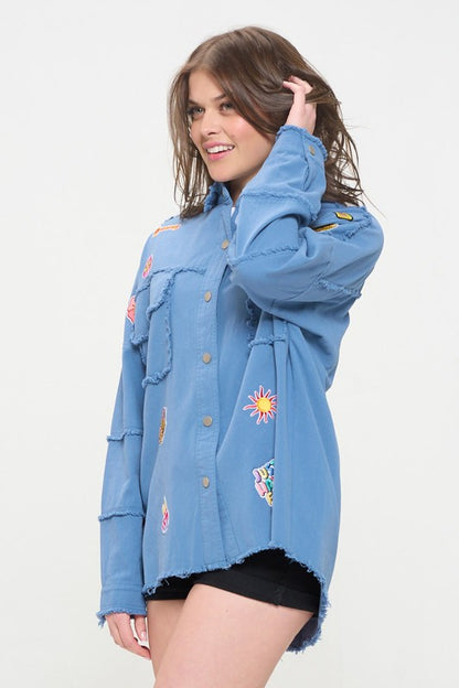 Patchwork Frayed Hem Button Down Collared Top | view 7 | Jade By Jane | us.meeeshop