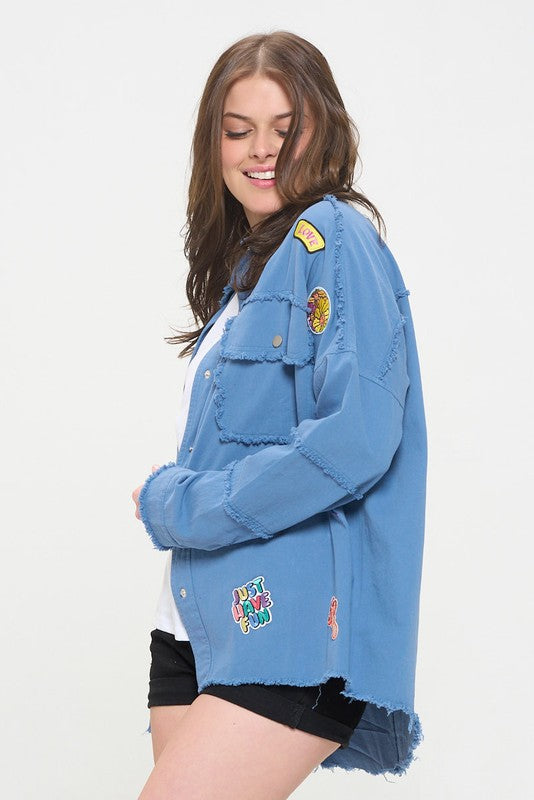 Patchwork Frayed Hem Button Down Collared Top | view 8 | Jade By Jane | us.meeeshop