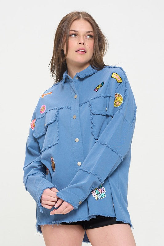 Patchwork Frayed Hem Button Down Collared Top | view 6 | Jade By Jane | us.meeeshop