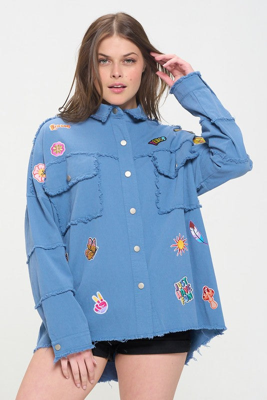 Patchwork Frayed Hem Button Down Collared Top | in BLUE | Jade By Jane | us.meeeshop