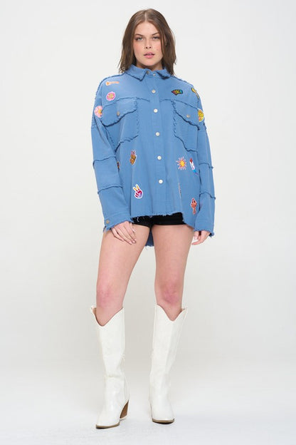 Patchwork Frayed Hem Button Down Collared Top | view 10 | Jade By Jane | us.meeeshop