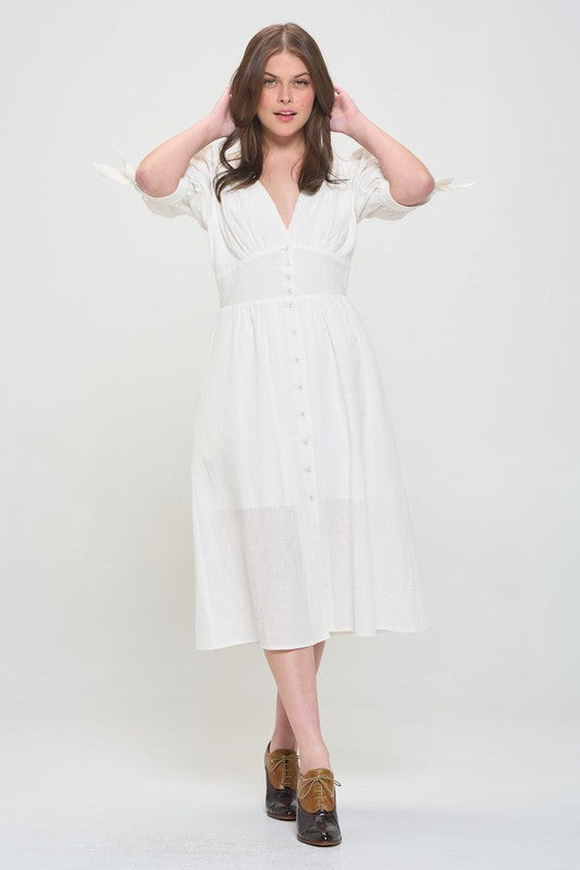 plus puff slv Plus 3/4 Puff Slv Textured Button Down Midi Dress view 4 (dress) - shop at us.meeeshop