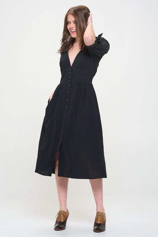 puff slv texture 3/4 Puff Slv Texture Vneck Button Down Midi Dress view 14 (dress) - shop at us.meeeshop