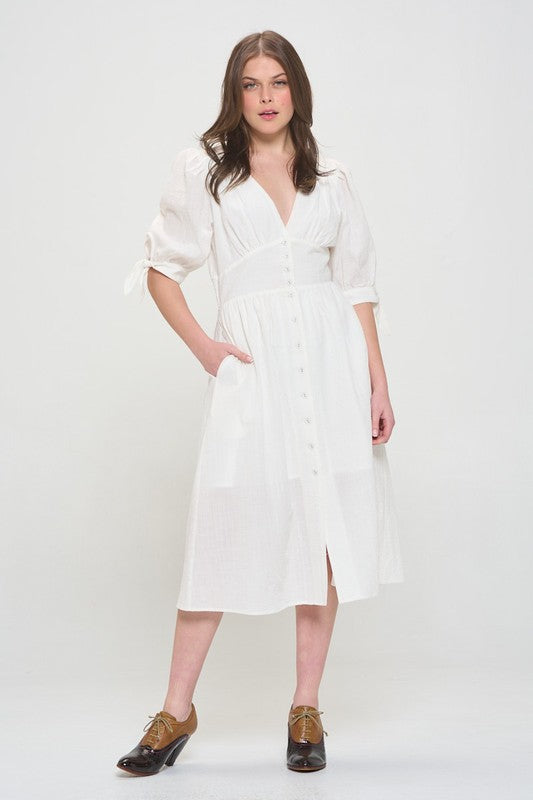 plus puff slv Plus 3/4 Puff Slv Textured Button Down Midi Dress view 3 (dress) - shop at us.meeeshop