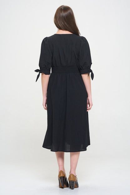 plus puff slv Plus 3/4 Puff Slv Textured Button Down Midi Dress view 18 (dress) - shop at us.meeeshop