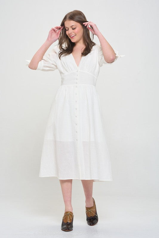 plus puff slv Plus 3/4 Puff Slv Textured Button Down Midi Dress view 5 (dress) - shop at us.meeeshop