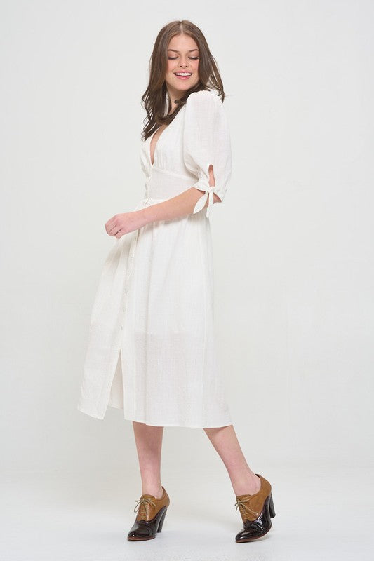 plus puff slv Plus 3/4 Puff Slv Textured Button Down Midi Dress view 7 (dress) - shop at us.meeeshop