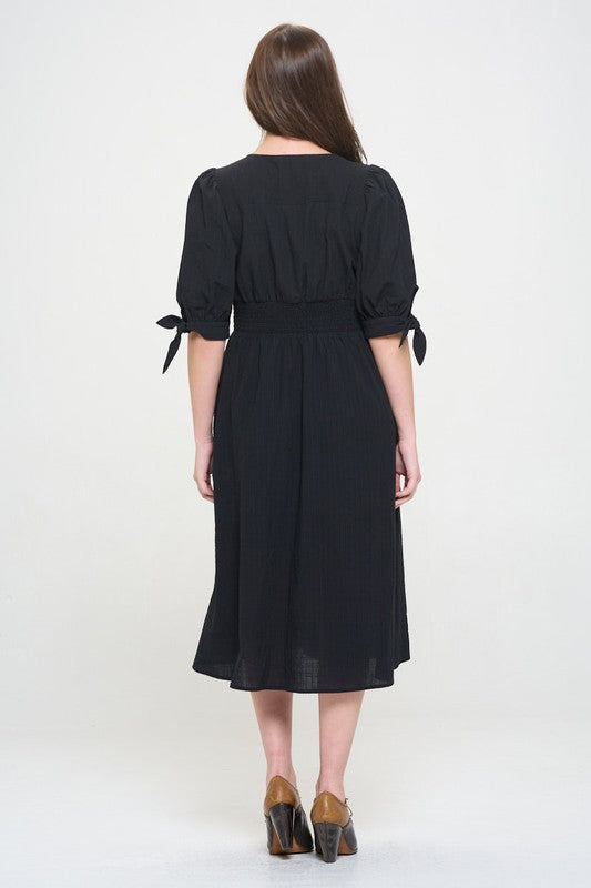 puff slv texture 3/4 Puff Slv Texture Vneck Button Down Midi Dress view 17 (dress) - shop at us.meeeshop