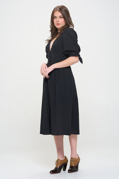 puff slv texture 3/4 Puff Slv Texture Vneck Button Down Midi Dress view 15 (dress) - shop at us.meeeshop
