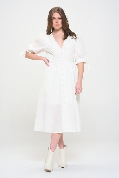 plus puff slv Plus 3/4 Puff Slv Textured Button Down Midi Dress BLACK (dress) - shop at us.meeeshop