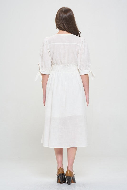 plus puff slv Plus 3/4 Puff Slv Textured Button Down Midi Dress view 8 (dress) - shop at us.meeeshop
