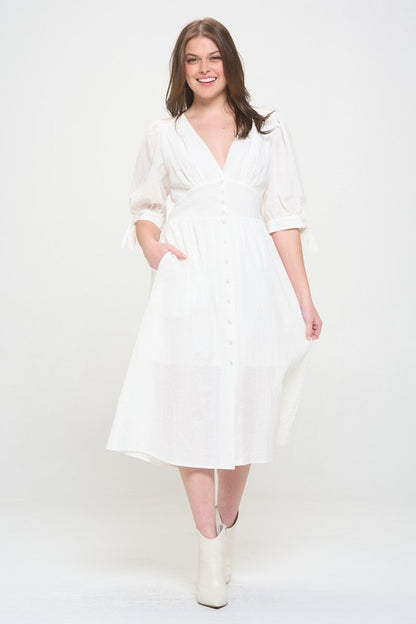 plus puff slv Plus 3/4 Puff Slv Textured Button Down Midi Dress view 2 (dress) - shop at us.meeeshop