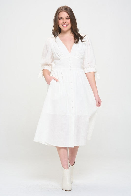plus puff slv Plus 3/4 Puff Slv Textured Button Down Midi Dress view 2 (dress) - shop at us.meeeshop