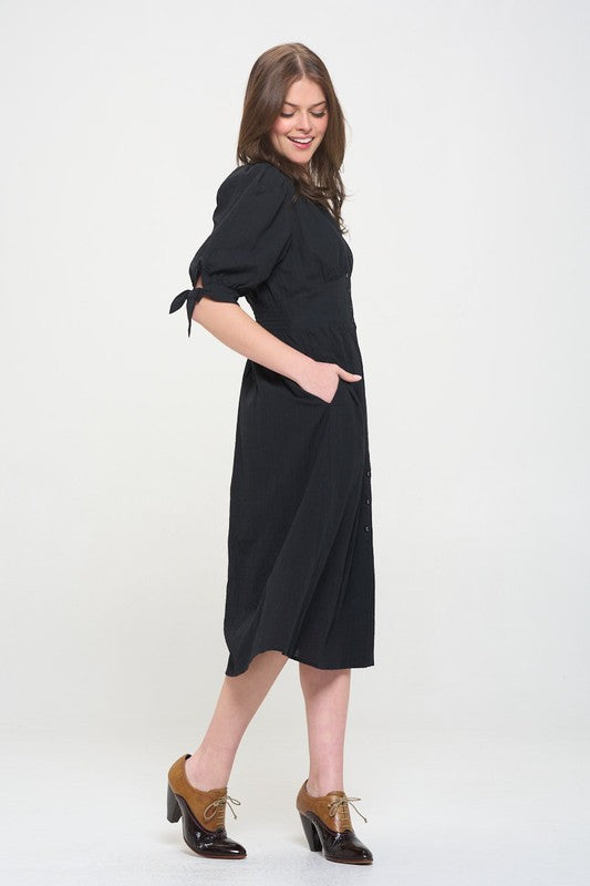 puff slv texture 3/4 Puff Slv Texture Vneck Button Down Midi Dress view 16 (dress) - shop at us.meeeshop