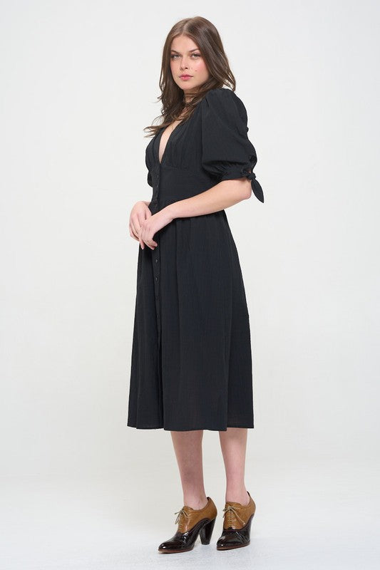 plus puff slv Plus 3/4 Puff Slv Textured Button Down Midi Dress view 16 (dress) - shop at us.meeeshop