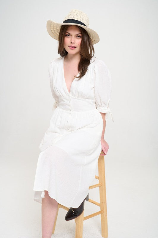 plus puff slv Plus 3/4 Puff Slv Textured Button Down Midi Dress view 9 (dress) - shop at us.meeeshop
