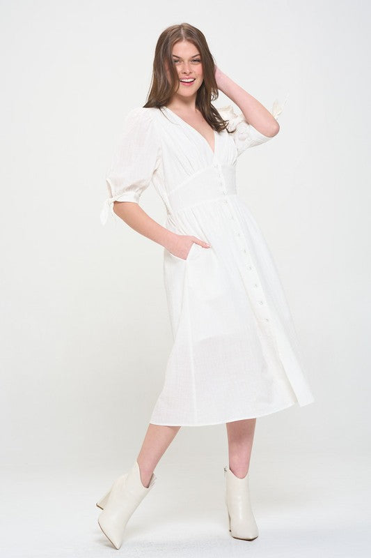 plus puff slv Plus 3/4 Puff Slv Textured Button Down Midi Dress view 6 (dress) - shop at us.meeeshop