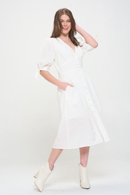 plus puff slv Plus 3/4 Puff Slv Textured Button Down Midi Dress view 6 (dress) - shop at us.meeeshop