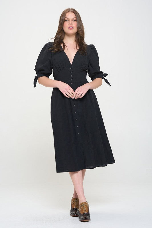 puff slv texture 3/4 Puff Slv Texture Vneck Button Down Midi Dress view 10 (dress) - shop at us.meeeshop