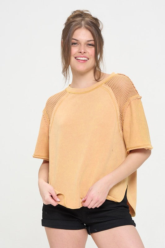 mineral washed short Mineral Washed Short Sleeve Fishnet Shoulder Top view 2 (top) - shop at us.meeeshop