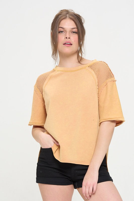 mineral washed short Mineral Washed Short Sleeve Fishnet Shoulder Top CHARCOAL (top) - shop at us.meeeshop
