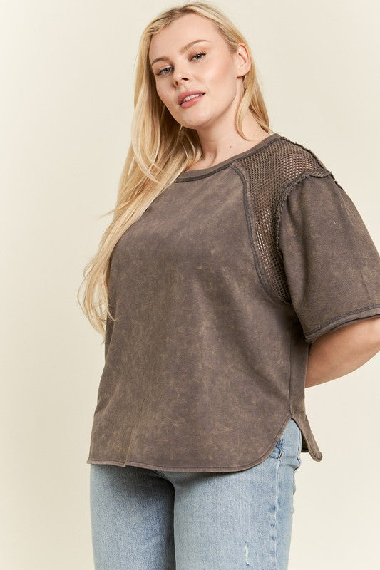 plus mineral washed Plus Mineral Washed Short Sleeve Fishnet Top view 2 (top) - shop at us.meeeshop