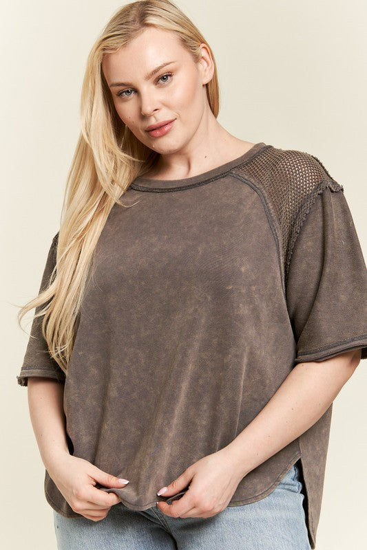 plus mineral washed Plus Mineral Washed Short Sleeve Fishnet Top CHARCOAL (top) - shop at us.meeeshop