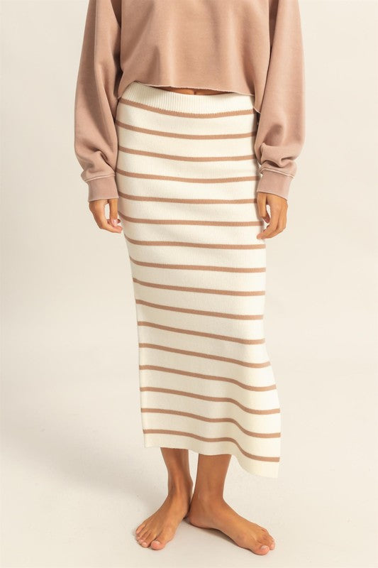 HYFVE Side Slit Striped Bodycon Sweater Skirt in Tan - us.meeeshop