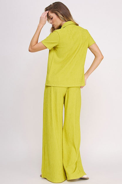 Textured Short Slv Button Down/wide Leg Pants Set (women's outfit sets) view 9 - shop at us.meeeshop