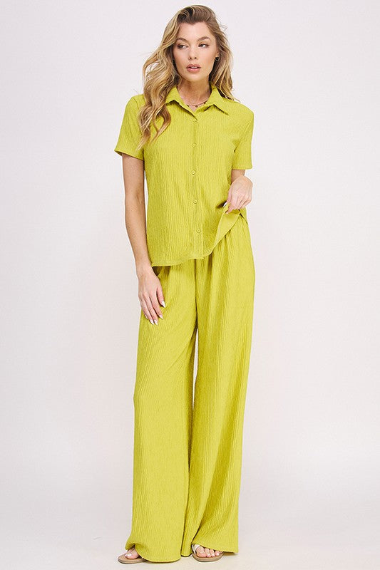 Textured Short Slv Button Down/wide Leg Pants Set (women's outfit sets) view 3 - shop at us.meeeshop