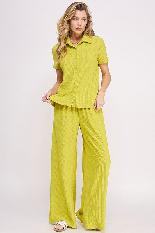 Textured Short Slv Button Down/wide Leg Pants Set (women's outfit sets) view 4 - shop at us.meeeshop